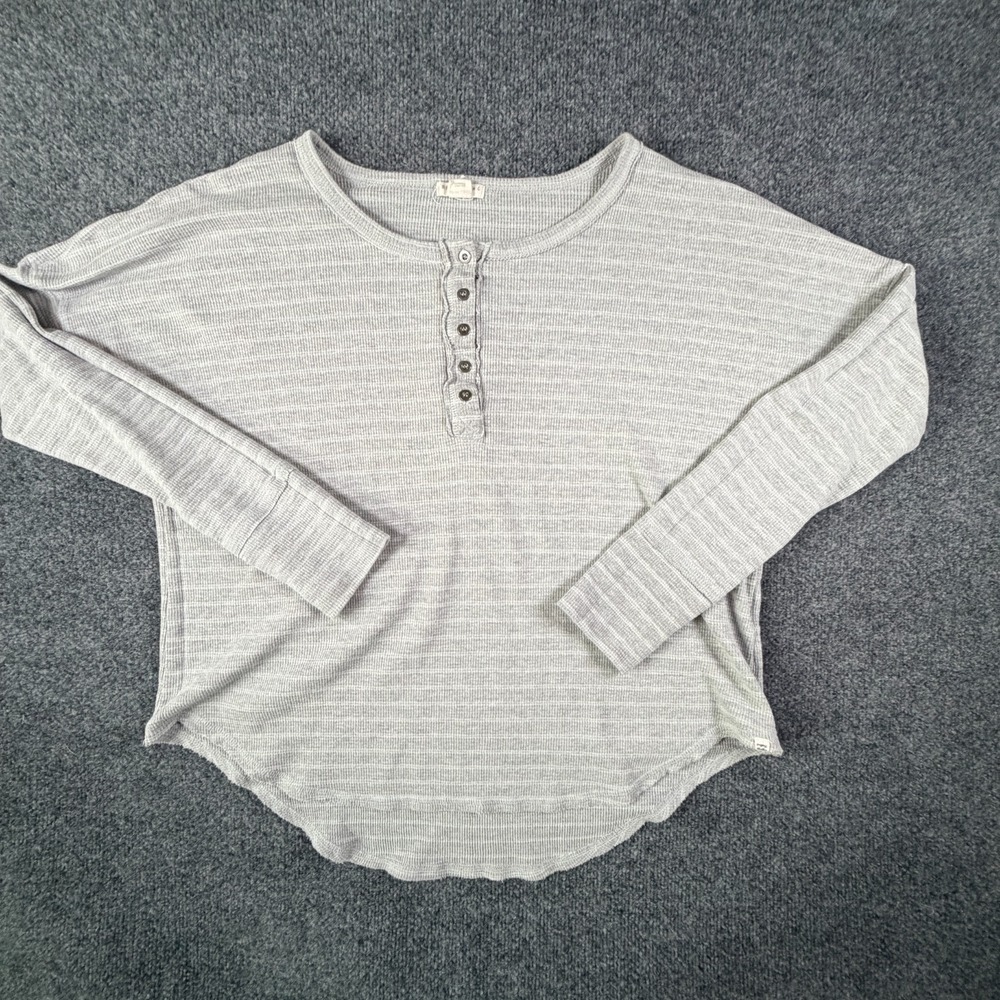 Billabong Thermal Henley Sweater Womens Large Gray Striped Waffle Knit Round Hem